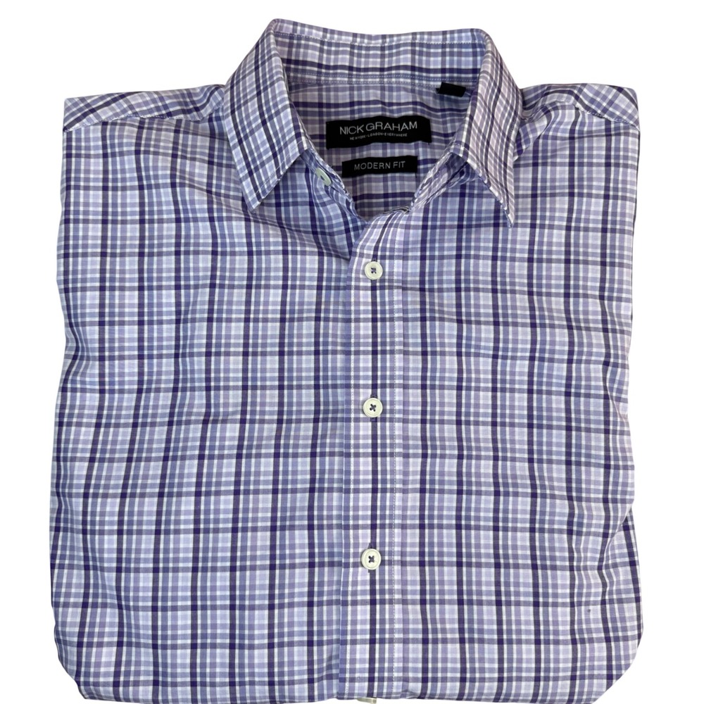 Nick Graham Modern Fit Plaid Button Down Shirt Men's‎ 15.5 32-33 Purple White